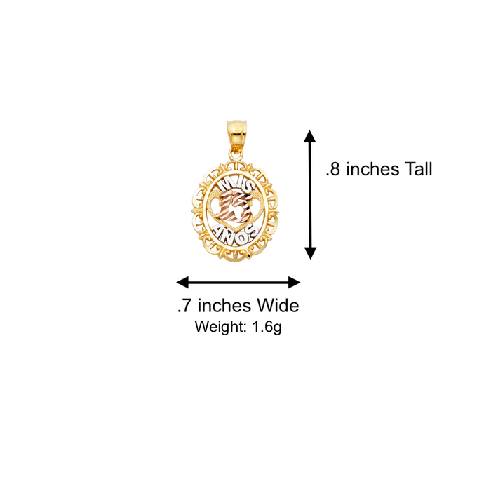 14k Quince Gold Necklace - Tri Tone Oval Mis 15 Años Gold Pendant - Solid Chain - LE1882