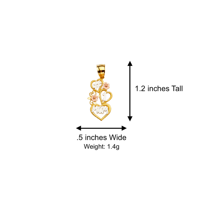 14k Gold Mom Necklace - #1 Mom Three Hearts Tri Tone Gold Pendant - Solid Chain - LE2389