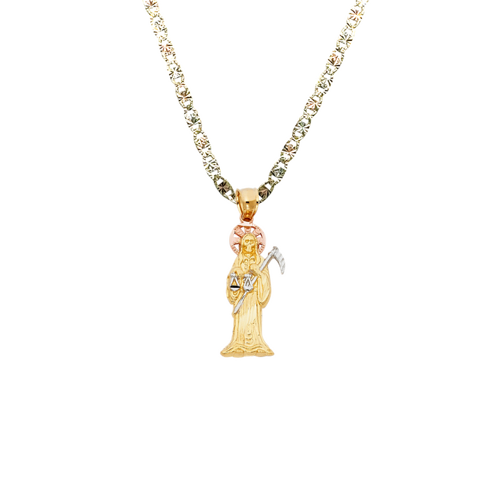 14k Gold Santa Muerte Necklace - Tri Tone Diamond Cut Santa Muerte Gold Pendant - Solid Chain - LE0097