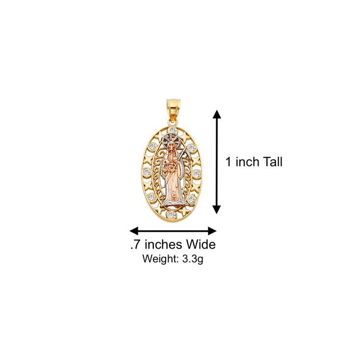 14k Gold Santa Muerte Necklace - Tri Tone Gemstone Oval Santa Muerte Gold Pendant - Solid Chain - LE1163