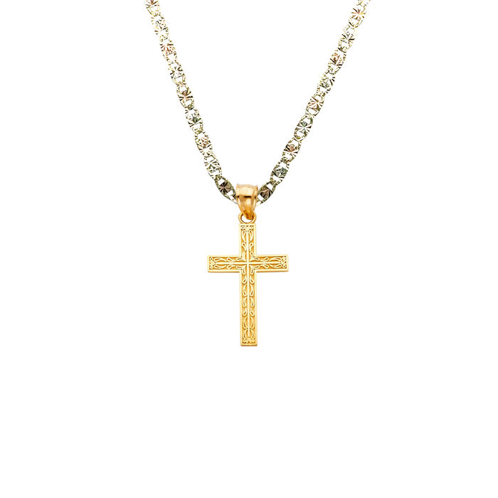 14k Gold Cross Necklace - Textured Gold Cross - Solid Chain - LE0135