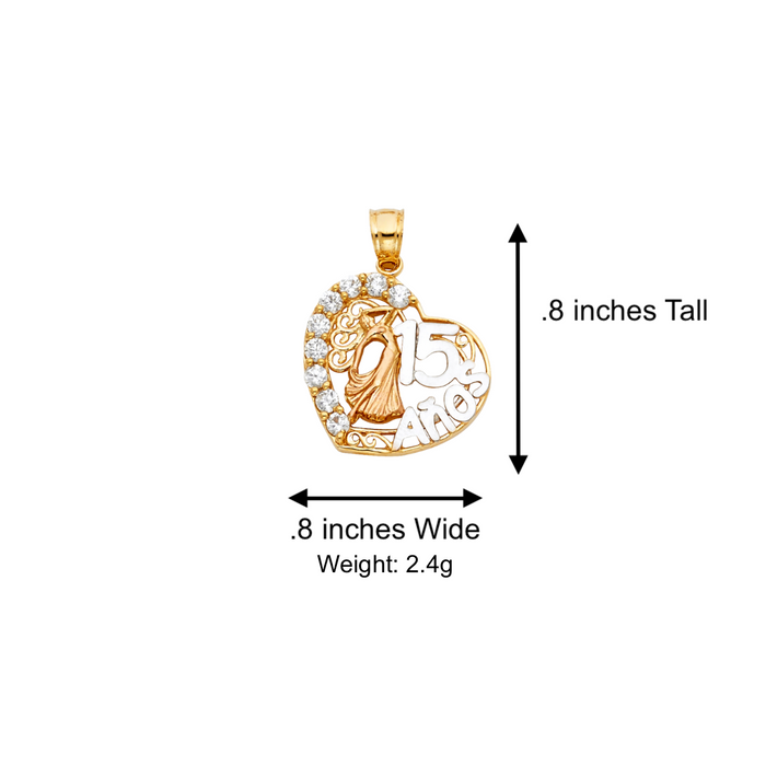 14k Quince Gold Necklace - Tri Tone Heart Gemstone 15 Años Gold Pendant - Solid Chain - LE1874