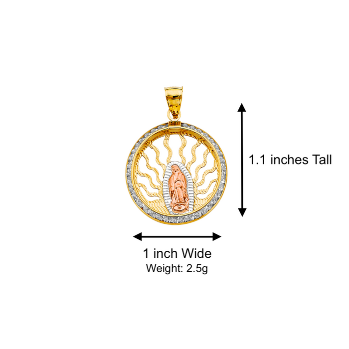 14k Gold Virgin Mary Necklace - Tri Tone Round Gemstone Virgin Mary Gold Pendant - Solid Chain - LE2721