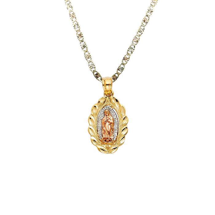 14k Gold Virgin Mary Necklace - Tri Tone Radiant Virgin Mary Gold Pendant - Solid Chain - LE1128