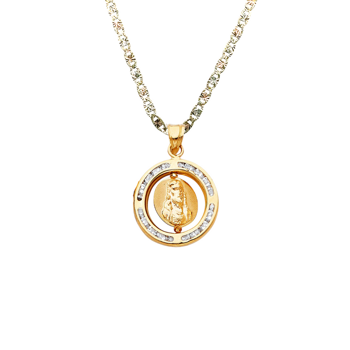 14k Gold Virgin Mary Necklace - Tri Tone Double Sided Virgin Mary Gold Pendant - Solid Chain - LE0803