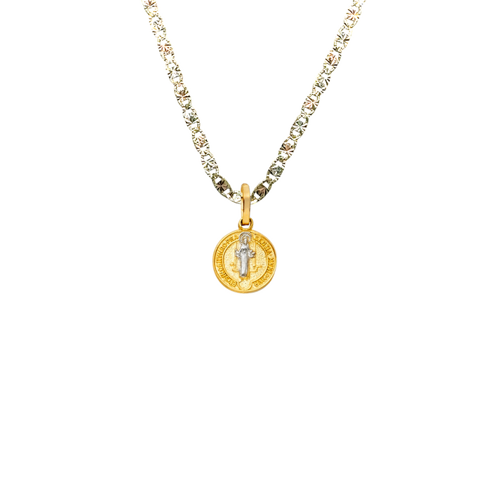 14k Gold Medalla San Benito - Two Tone Dainty San Benito Gold Pendant - Solid Chain - LE0741