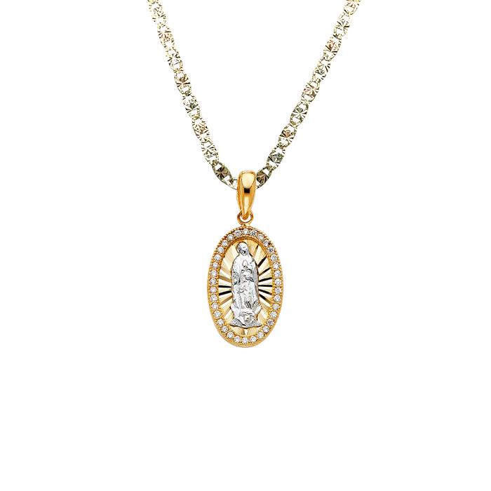 14k Gold Virgin Mary Necklace - Oval Gemstone Virgin Mary Gold Pendant - Solid Chain - LE1358