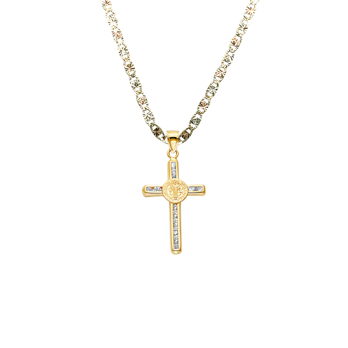 14k Gold Medalla San Benito - Gemstone Cross San Benito Gold Pendant - Solid Chain - LE2514