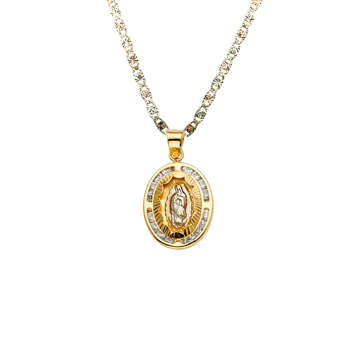 14k Gold Virgin Mary Necklace - Oval Gemstone Virgin Mary Gold Pendant - Solid Chain - LE2307