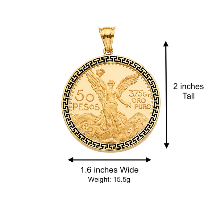 14k Gold Centenario De Oro Necklace - Greek Design Bezel - Solid Figaro Chain - LE2761