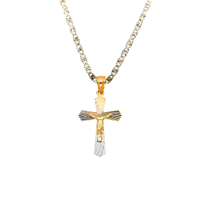14k Gold Cross Necklace - Tri Tone Diamond Cut Gold Crucifix - Solid Chain - LE1418
