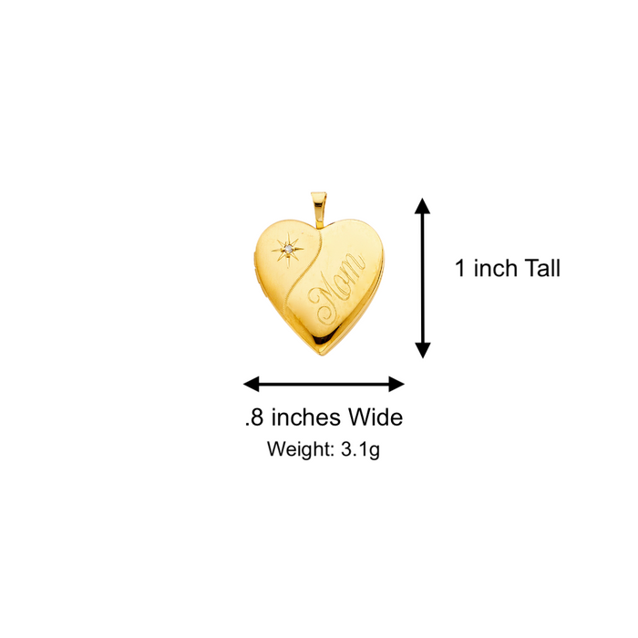 14k Gold Mom Necklace - Mom Heart Gemstone Picture Locket Gold Pendant - Solid Chain - LE2028