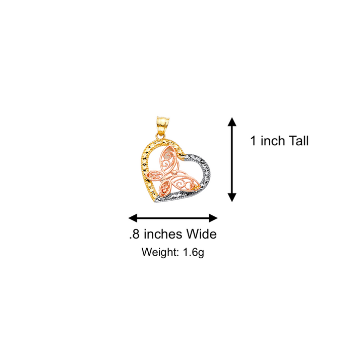 14k Gold Heart Necklace - Tri Tone Diamond Cut Butterfly Gold Heart Pendant - Solid Chain - LE2545