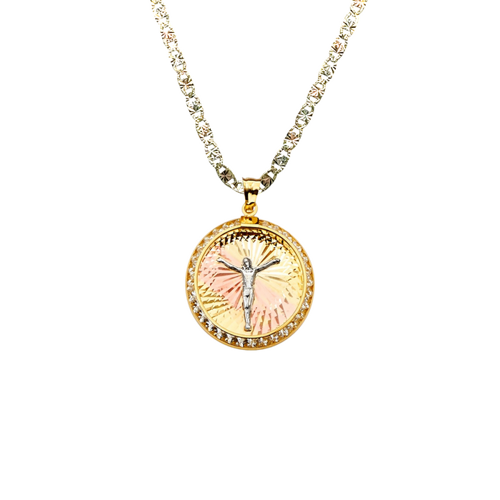 14k Gold Jesus Necklace - Tri Tone Gemstone Jesus Gold Pendant - Solid Chain - LE2256