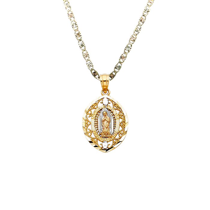 14k Gold Virgin Mary Necklace - Tri Tone Guadalupe Virgin Mary Gold Pendant - Solid Chain - LE1114