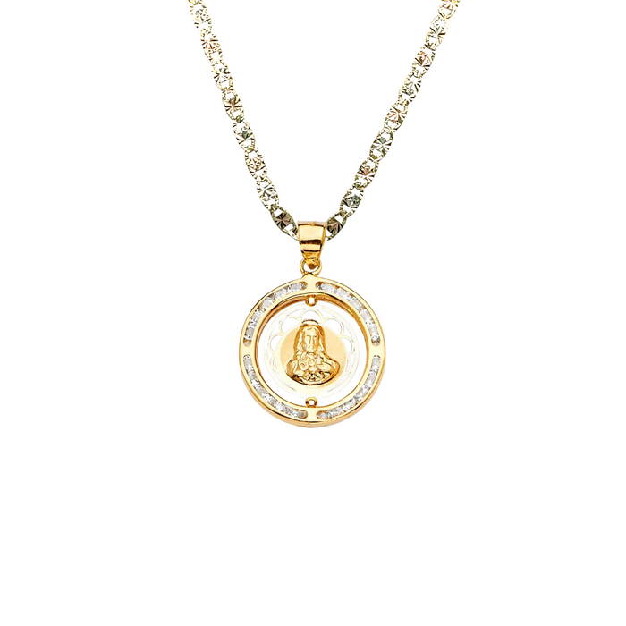 14k Gold Virgin Mary Necklace - Tri Tone Gemstone Double Sided Virgin Mary Sacred Heart Gold Pendant - Solid Chain - LE2322