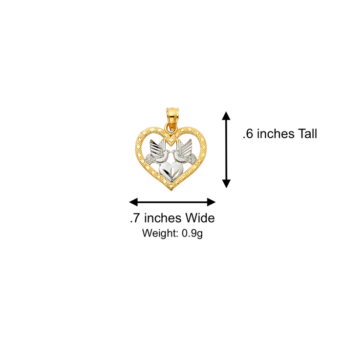 14k Gold Heart Necklace - Two Tone Love Birds Gold Heart Pendant - Solid Chain - LE1498