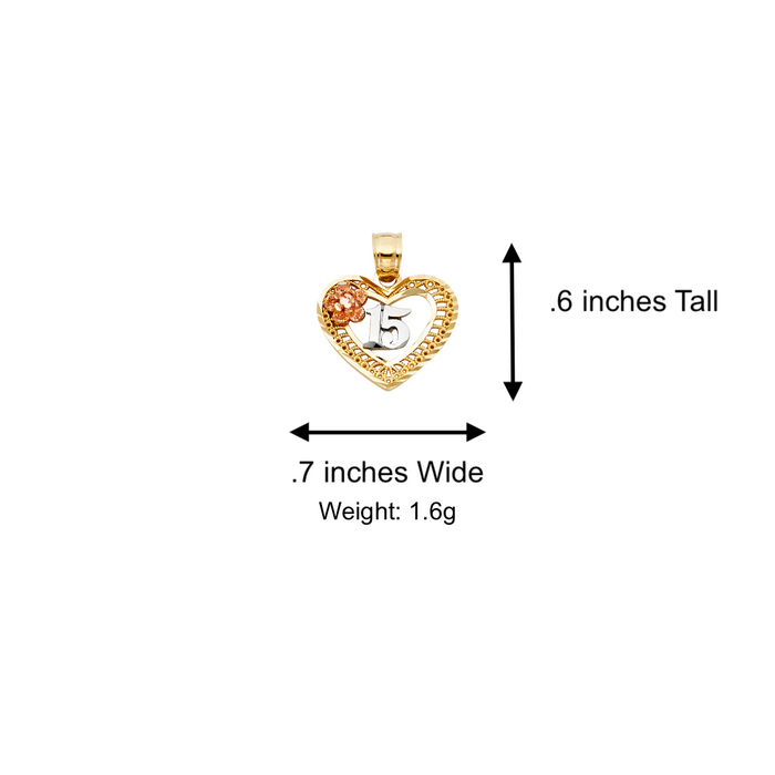 14k Quince Gold Necklace - Tri Tone Flower Heart 15 Gold Pendant - Solid Chain - LE0361