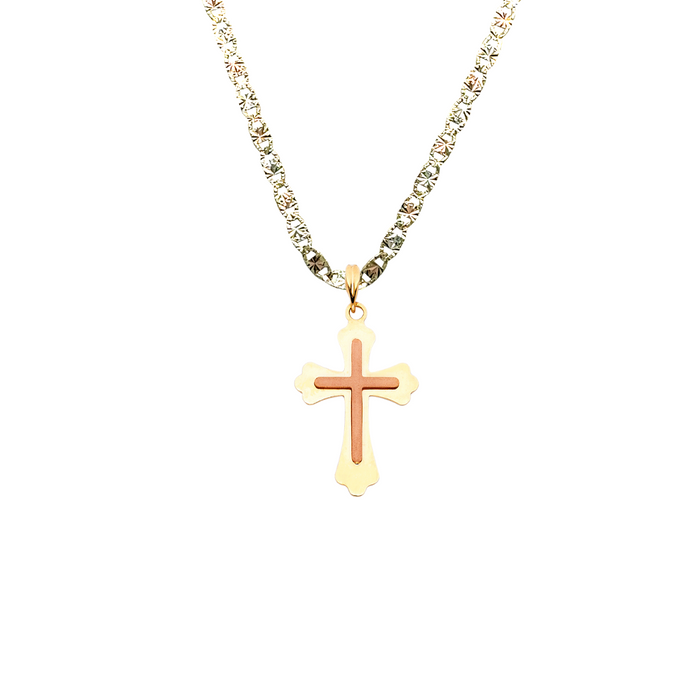14k Gold Cross Necklace - Two Tone Rose Gold Cross - Solid Chain - LE0913