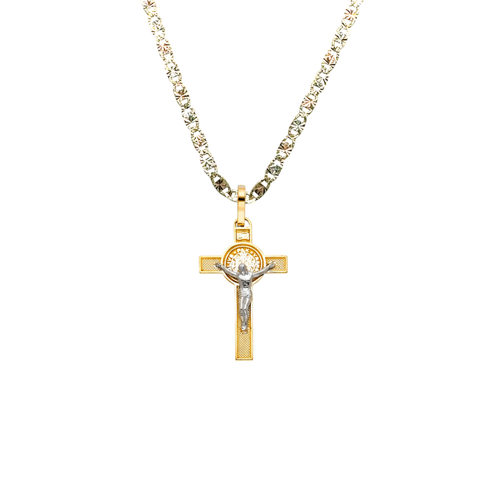 14k Gold Medalla San Benito - Two Tone San Benito Gold Cross Pendant - Solid Chain - LE0036