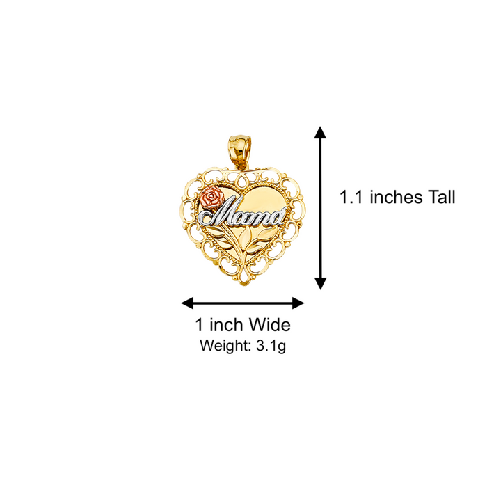 14k Gold Mom Necklace - Tri Tone Round Mama Heart Gold Pendant - Solid Chain - LE2690