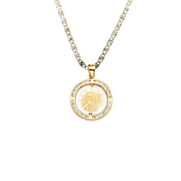 14k Gold Baptism Necklace - Two Tone Double Sided Gemstone Baptism Gold Pendant - Solid Chain - LE2323