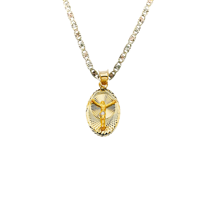 14k Gold Jesus Necklace - Two Tone Diamond Cut Oval Jesus Gold Pendant - Solid Chain - LE0332