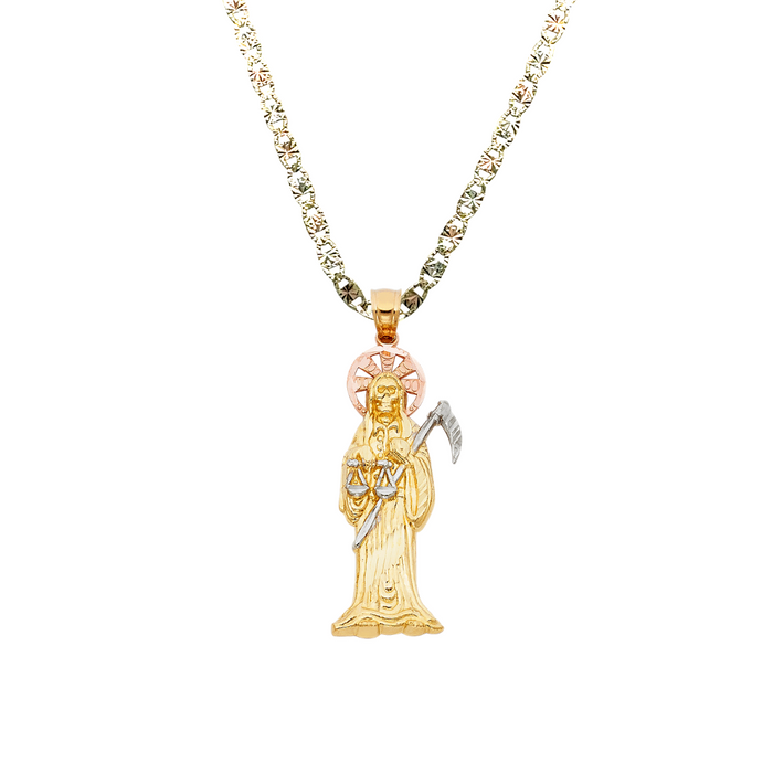 14k Gold Santa Muerte Necklace - Tri Tone Diamond Cut Santa Muerte Gold Pendant - Solid Chain - LE0096
