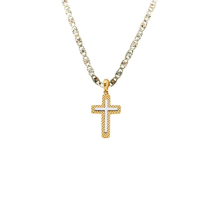 14k Gold Cross Necklace - Two Tone Textured Gold Cross - Solid Chain - LE2730