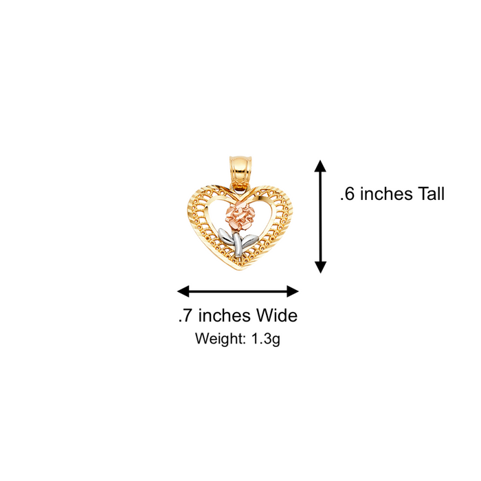 14k Gold Heart Necklace - Tri Tone Flower Gold Heart Pendant - Solid Chain - LE0396