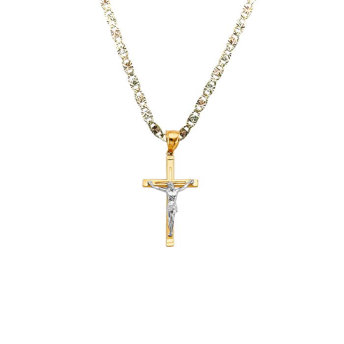 14k Gold Cross Necklace - Two Tone Gold Crucifix - Solid Chain - LE2711