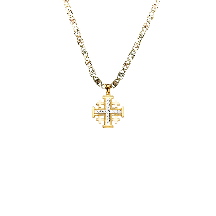 14k Gold Cross Necklace - Emerald Design Gold Cross - Solid Chain - LE2209