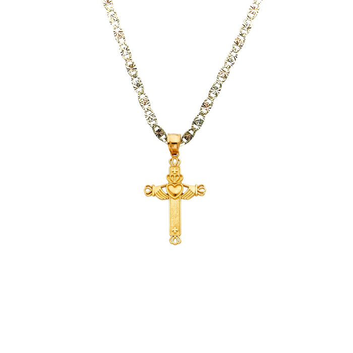 14k Gold Cross Necklace - Two Hands Heart Claddagh Gold Cross - Solid Chain - LE0123