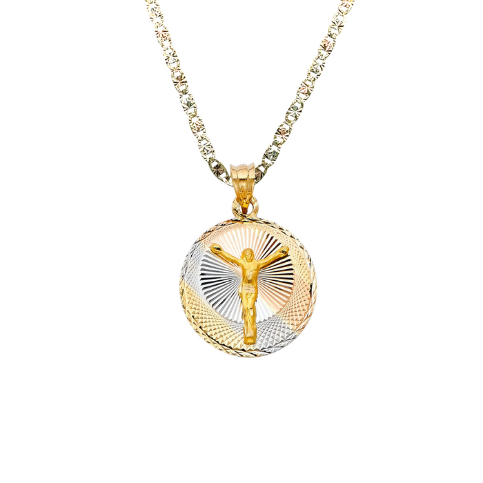 14k Gold Jesus Necklace - Tri Tone Round Diamond Cut Jesus Gold Pendant - Solid Chain - LE0294