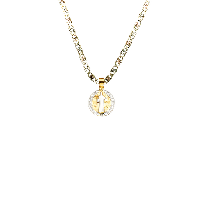 14k Gold Medalla San Benito - Two Tone Round San Benito Gold Pendant - Solid Chain - LE2265