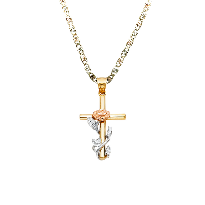 14k Gold Cross Necklace - Tri Tone Rose Flower Gold Cross - Solid Chain - LE1016
