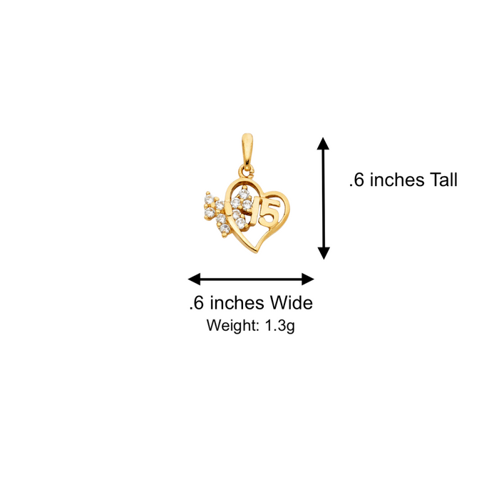 14k Quince Gold Necklace - Gemstone Bow Heart 15 Gold Pendant - Solid Chain - LE0364