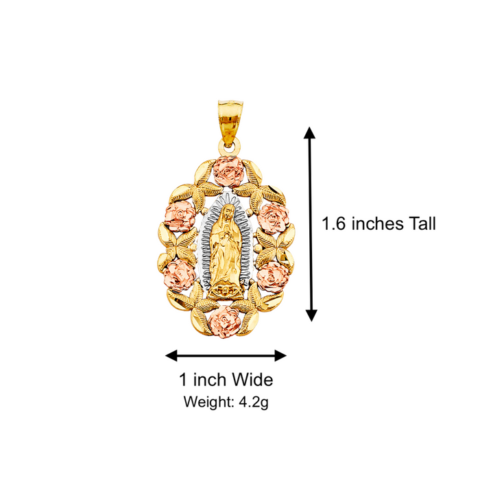 14k Gold Virgin Mary Necklace - Tri Tone Roses Virgin Mary Gold Pendant - Solid Chain - LE2949