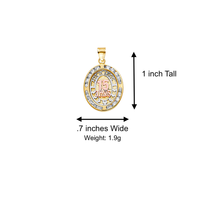 14k Quince Gold Necklace - Two Tone Oval Gemstone Mis 15 Años Gold Pendant - Solid Chain - LE2527