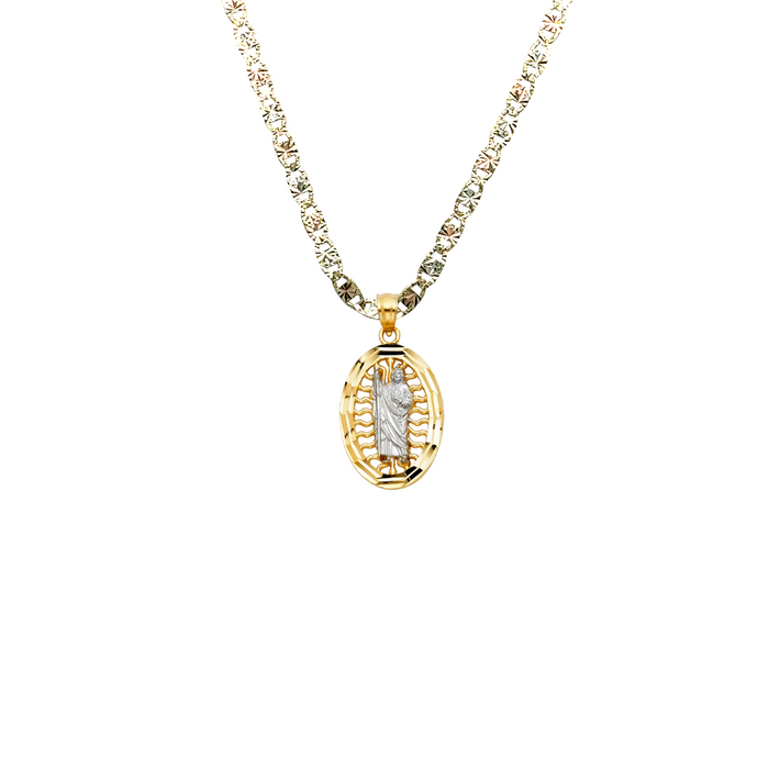 14k Gold San Judas Chain - Two Tone Oval Radiant San Judas Gold Pendant - Solid Chain - LE1142