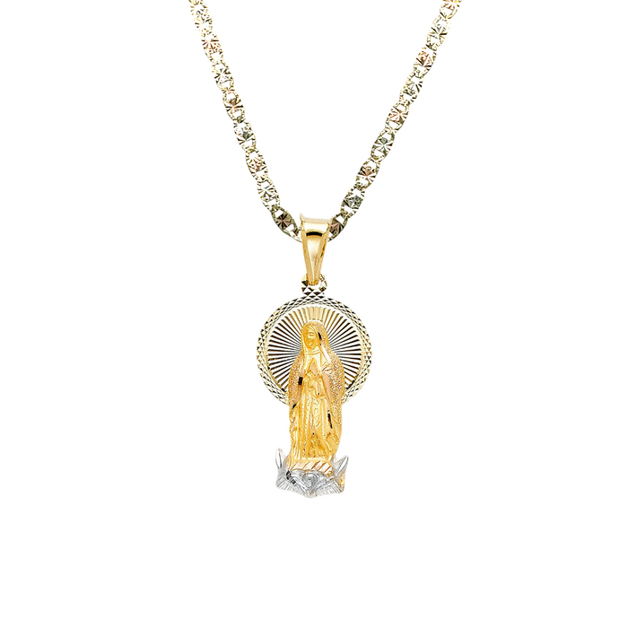 14k Gold Virgin Mary Necklace - Tri Tone Diamond Cut Virgin Mary Gold Pendant - Solid Chain - LE0317
