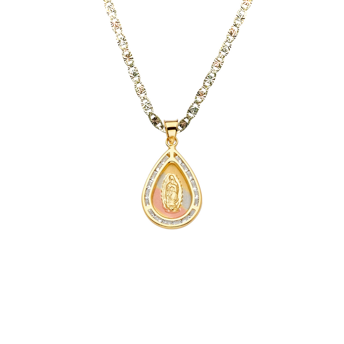 14k Gold Virgin Mary Necklace - Tri Tone Gemstone Virgin Mary Gold Pendant - Solid Chain - LE2297