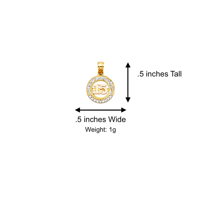 14k Quince Gold Necklace - Two Tone Round Gemstone 15 Gold Pendant - Solid Chain - LE1884
