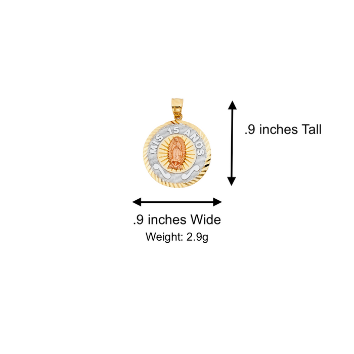 14k Quince Gold Necklace - Tri Tone Virgin Mary Mis 15 Años Gold Pendant - Solid Chain - LE1896