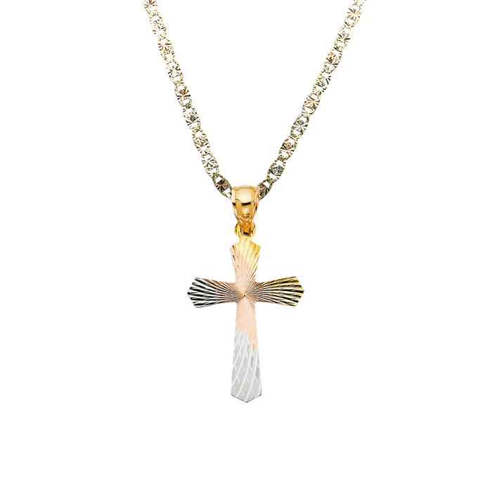 14k Gold Cross Necklace - Tri Tone Diamond Cut Gold Cross - Solid Chain - LE1419