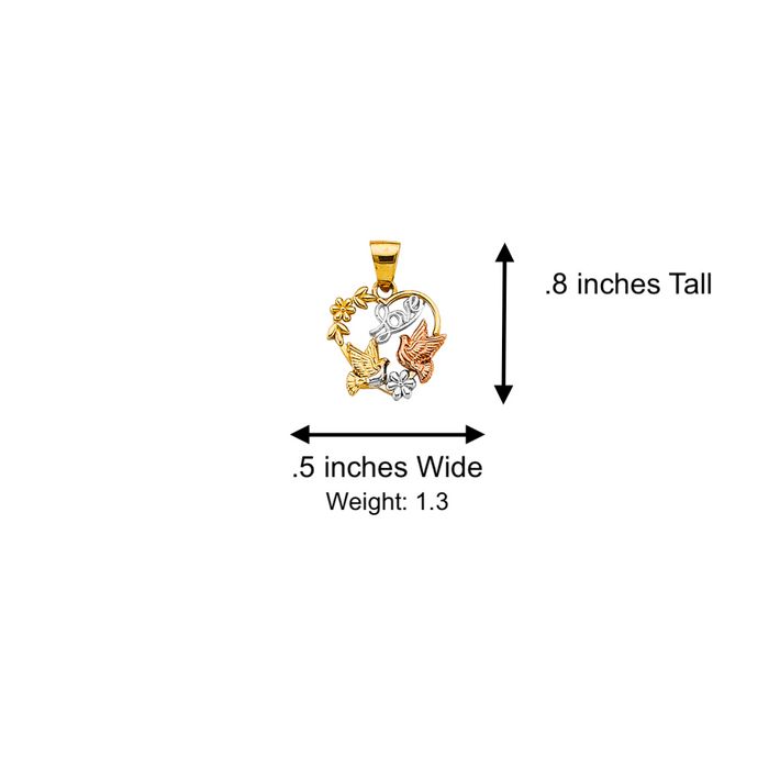 14k Gold Heart Necklace - Tri Tone Love Birds Gold Heart Pendant - Solid Chain - LE2644