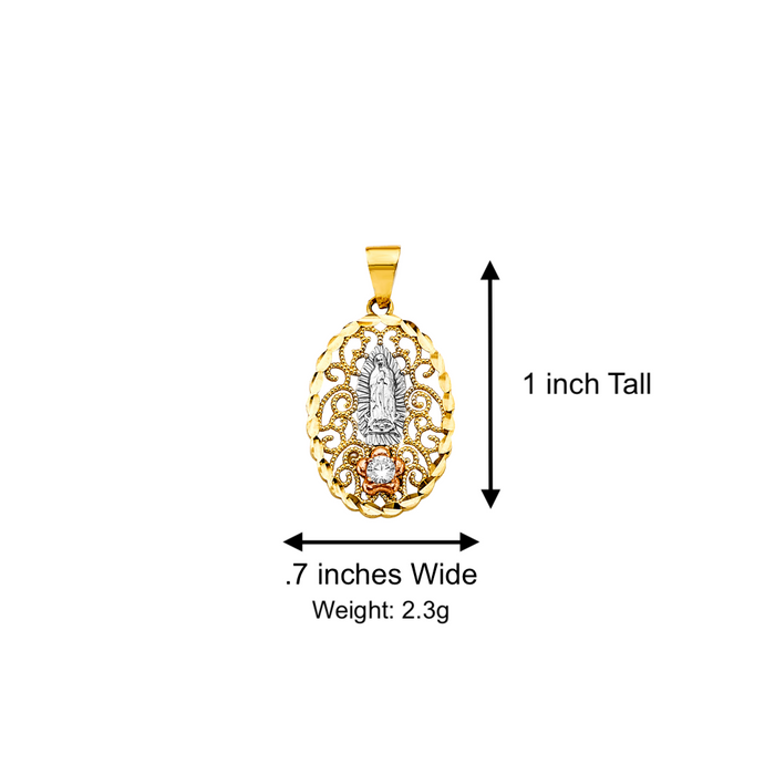 14k Gold Virgin Mary Necklace - Two Tone Filigrano Oval Gemstone Virgin Mary Gold Pendant - Solid Chain - LE2810
