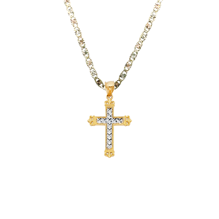 14k Gold Cross Necklace - Two Tone Fancy Gold Cross - Solid Chain - LE0116