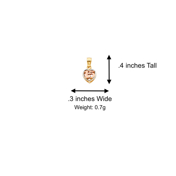 14k Quince Gold Necklace - Tri Tone Dainty Heart 15 Gold Pendant - Solid Chain - LE0370