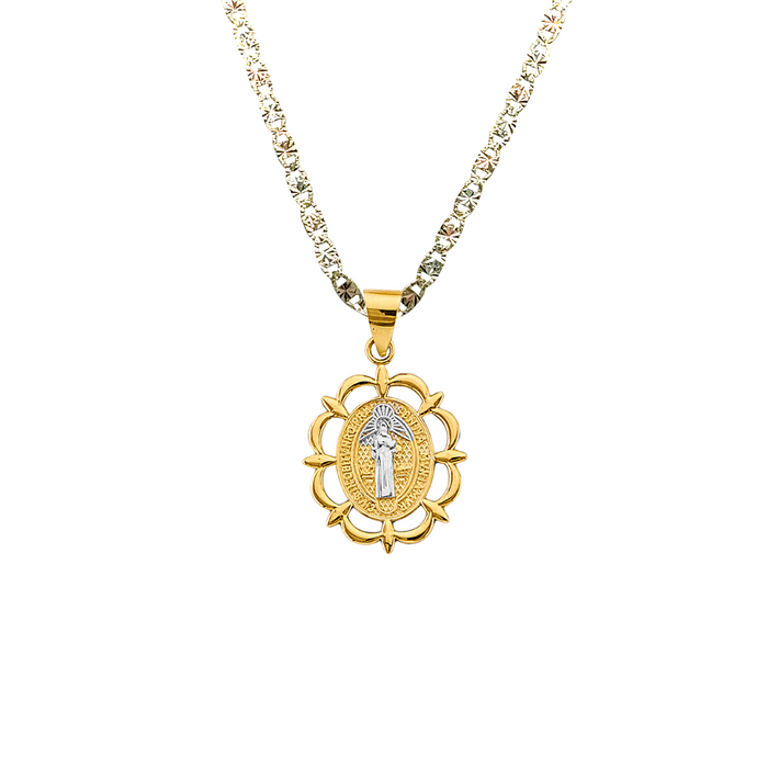 14k Gold Medalla San Benito - Two Tone Oval San Benito Gold Pendant - Solid Chain - LE2875